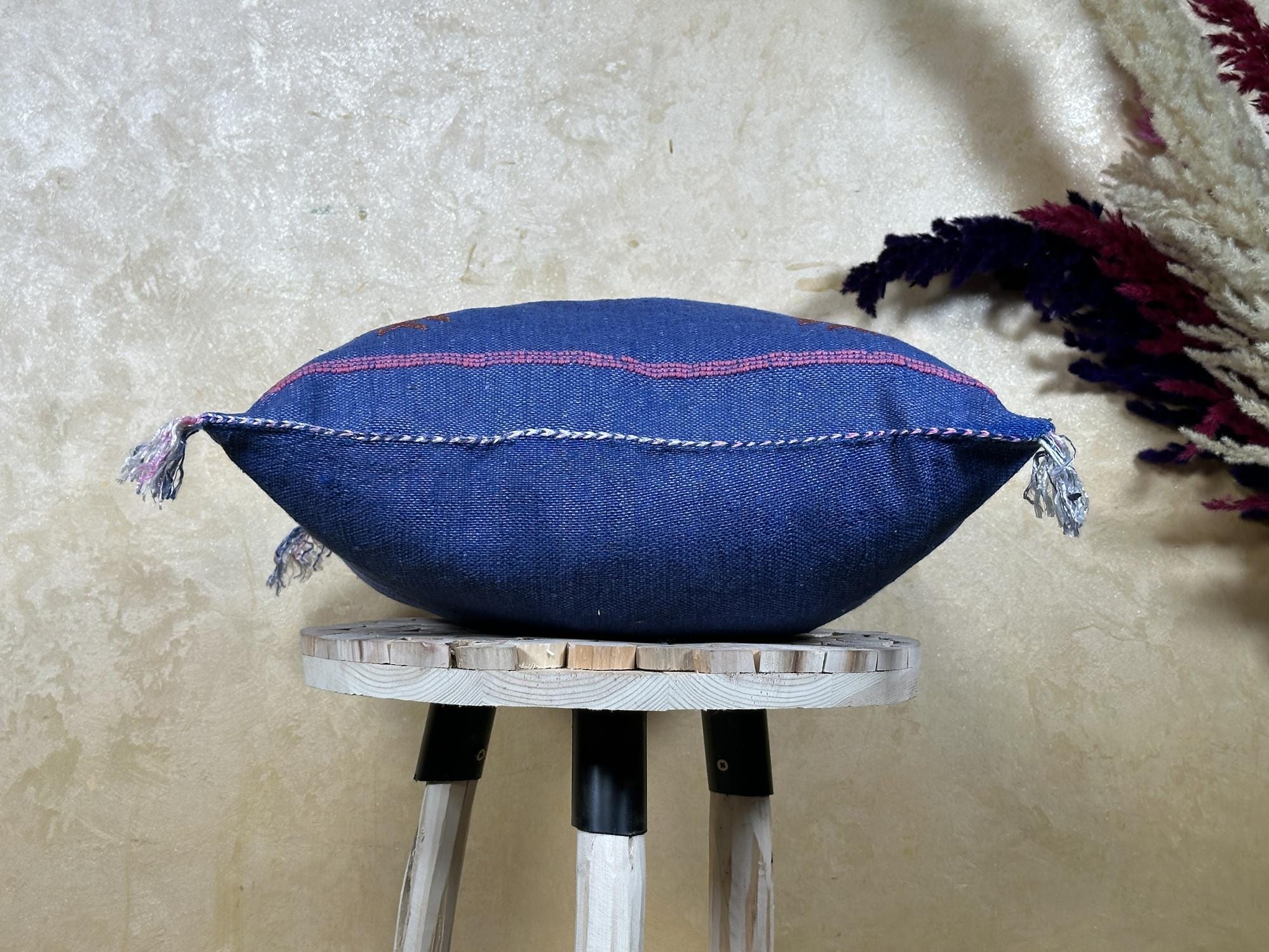 Blue Handmade Moroccan Pillow Cover, Boho Kilim Cushion Cover, Navy Silk Pillow Case, Embroidered Decorat - product image 9