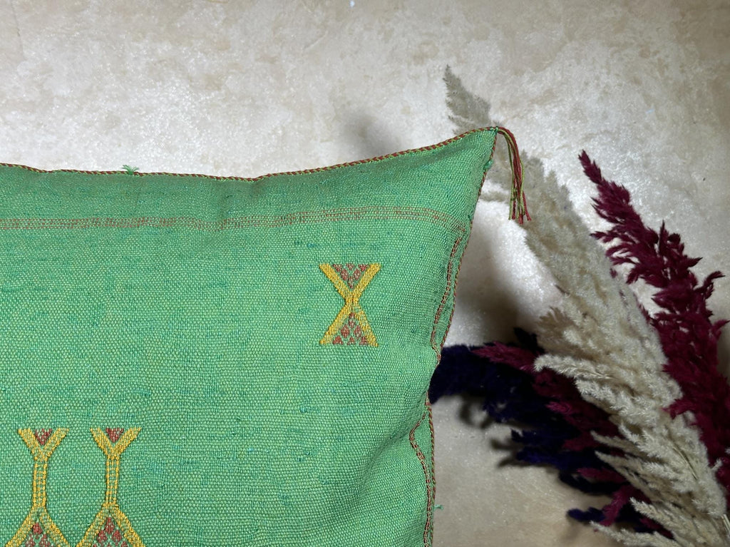 Green Cactus Silk Pillow Cover, Moroccan Sabra Pillow, Berber Boho Cushion with Gold Embroidery, Handmade - product image 6
