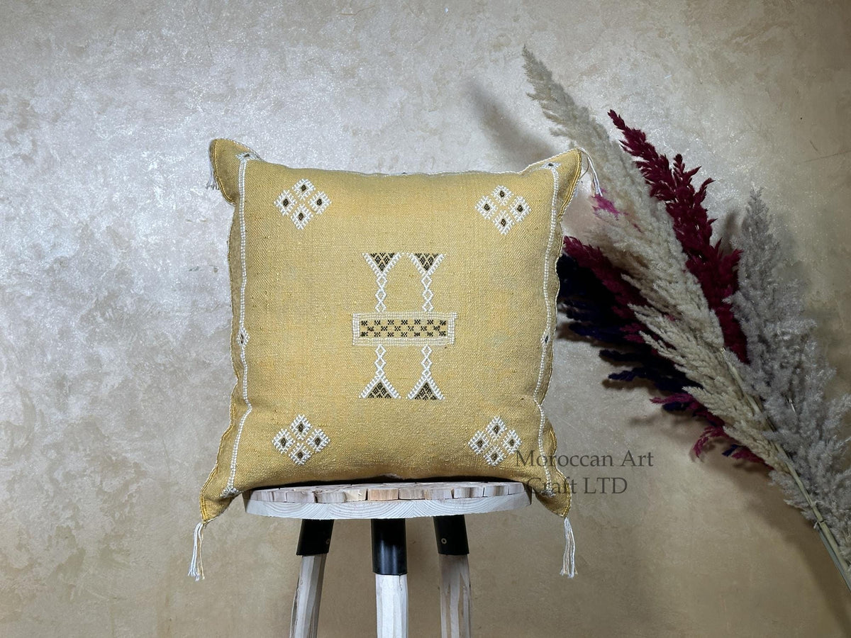 Gold Sabra Cactus Silk Pillow Cover, Moroccan Boho Kilim Cushion, Handmade Embroidered Pillow Case, Luxur - product image 1