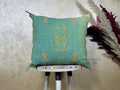 Teal Moroccan Boho Pillow Cover, Handmade Kilim Style Cushion Case with Gold Geometric Embroidery, Fringe - product image 1