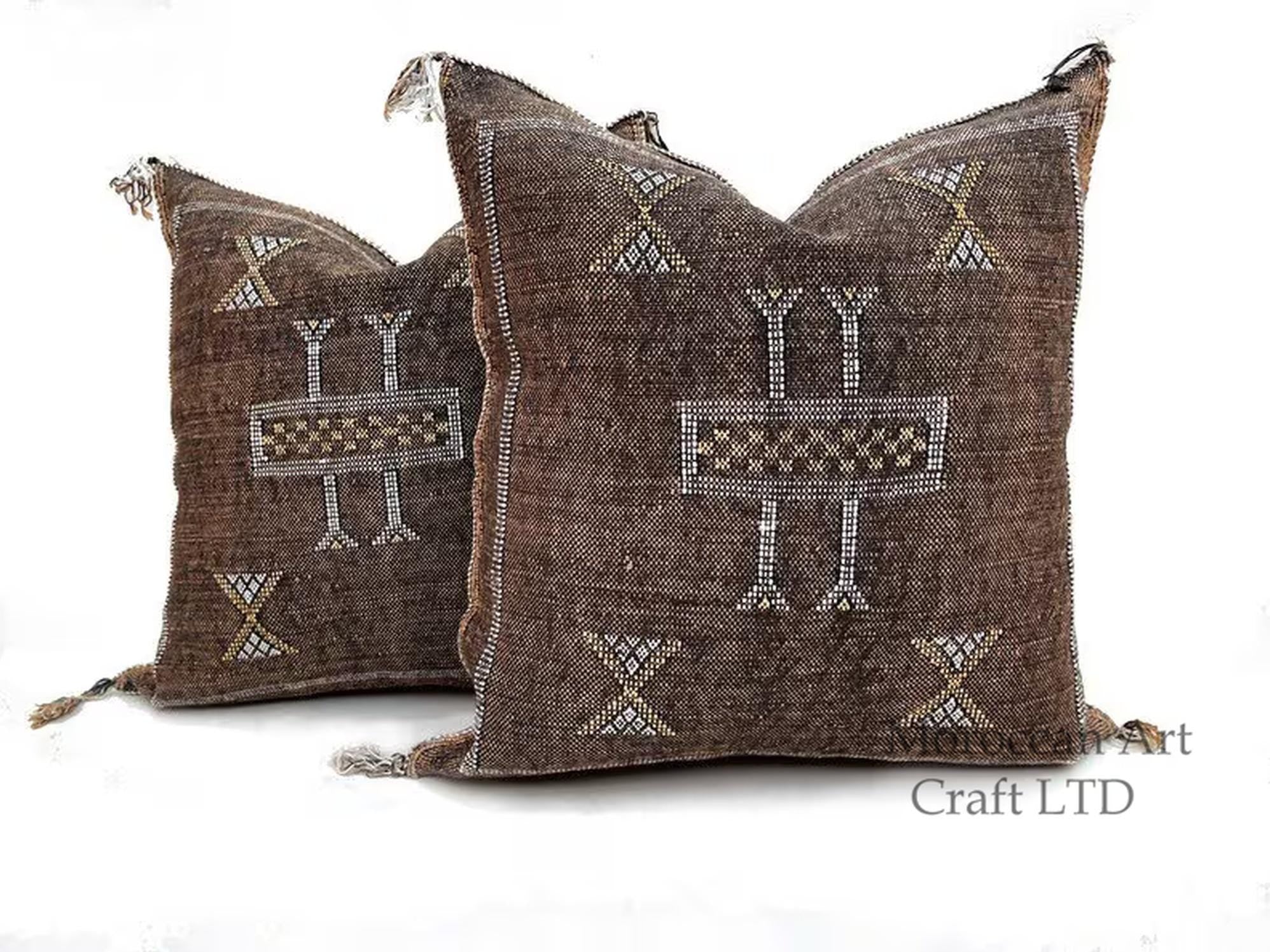 Brown silk pillow, Moroccan Sabra cushion, handmade cactus silk pillow, Berber Sabra cushion, Pillow Thro - product image 1