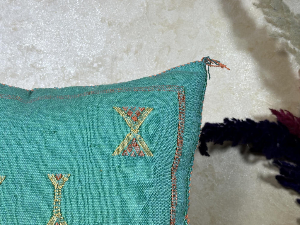 Teal Moroccan Cactus Silk Pillow Cover, Handmade Boho Cushion, Embroidered Geometric Sabra Pillowcase, Lu - product image 3