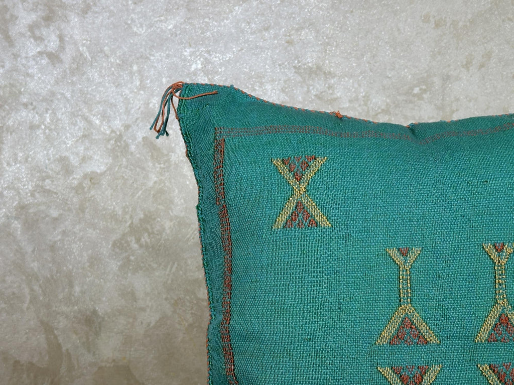 Teal Moroccan Cactus Silk Pillow Cover, Handmade Boho Cushion, Embroidered Geometric Sabra Pillowcase, Lu - product image 5