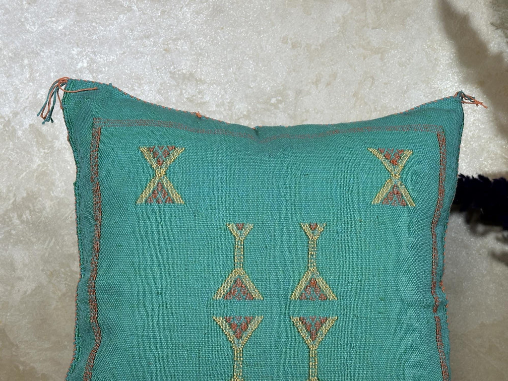 Teal Moroccan Cactus Silk Pillow Cover, Handmade Boho Cushion, Embroidered Geometric Sabra Pillowcase, Lu - product image 4