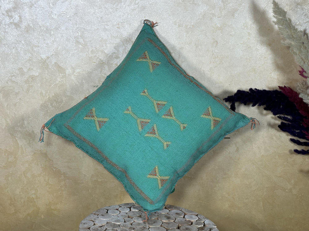 Teal Moroccan Cactus Silk Pillow Cover, Handmade Boho Cushion, Embroidered Geometric Sabra Pillowcase, Lu - product image 9