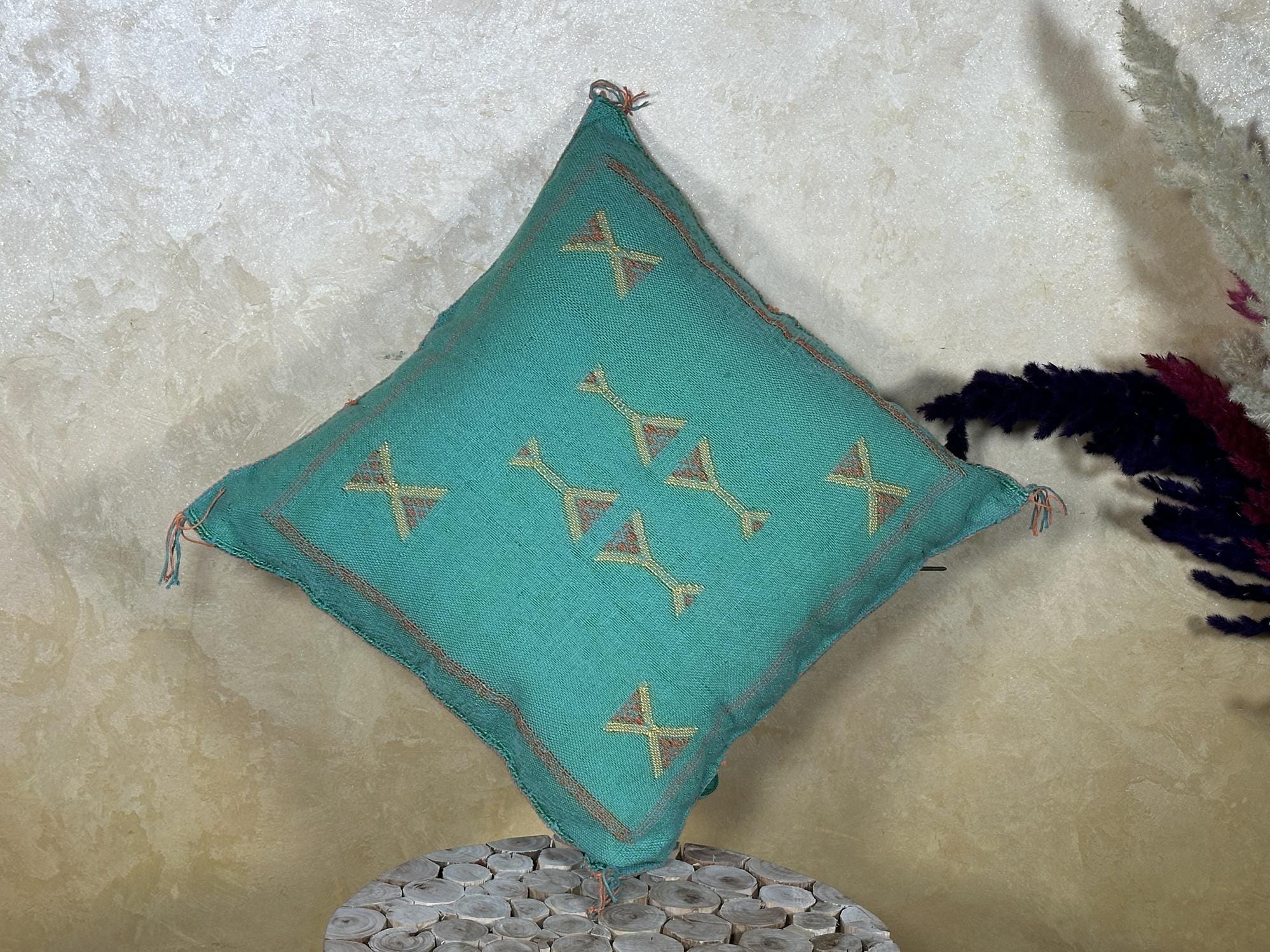 Teal Moroccan Cactus Silk Pillow Cover, Handmade Boho Cushion, Embroidered Geometric Sabra Pillowcase, Lu - product image 9