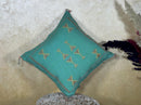 Teal Moroccan Cactus Silk Pillow Cover, Handmade Boho Cushion, Embroidered Geometric Sabra Pillowcase, Lu - product image 9