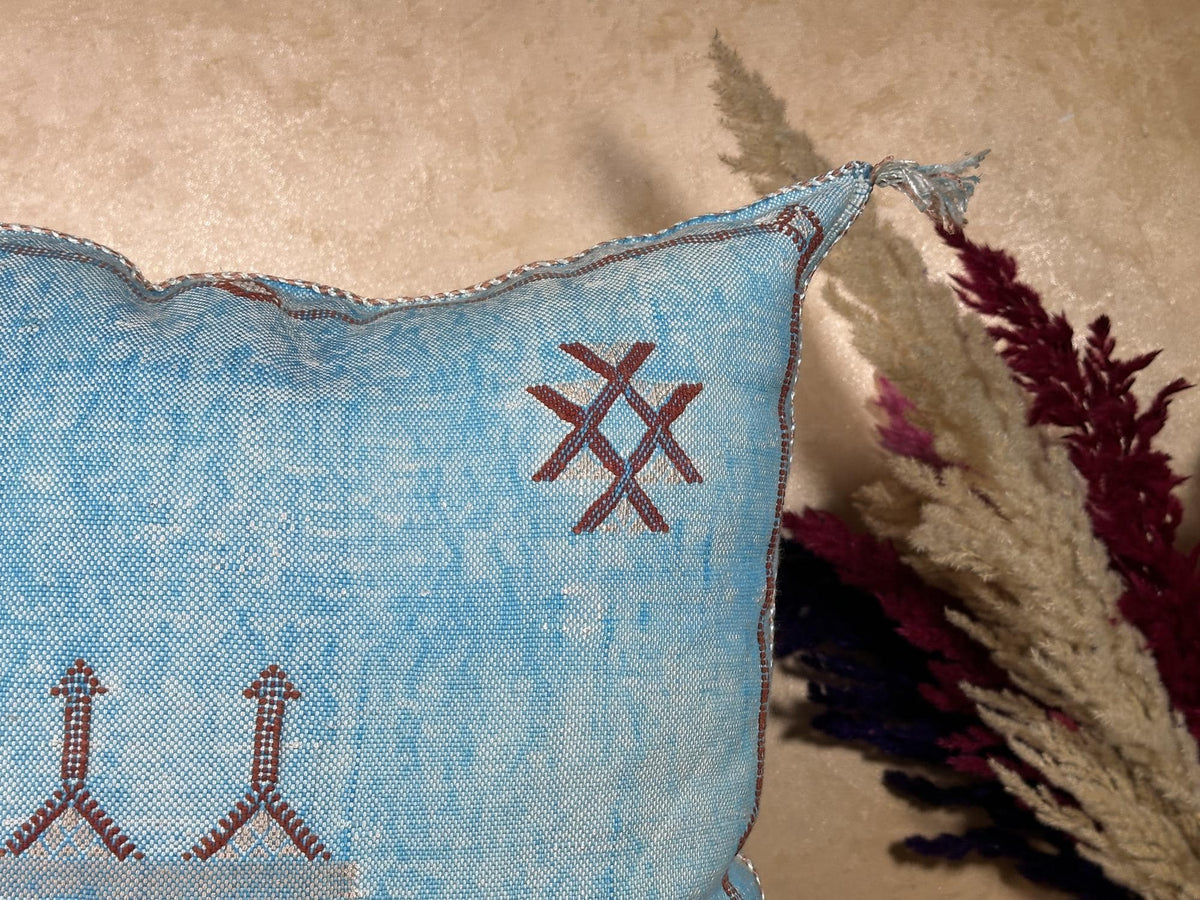 Blue Moroccan Silk Pillow Cover, Handmade Boho Embroidered Pillowcase, Brown Accent Cushion for Sofa Bed - product image 4