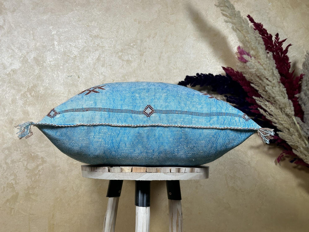 Blue Moroccan Silk Pillow Cover, Handmade Boho Embroidered Pillowcase, Brown Accent Cushion for Sofa Bed - product image 6