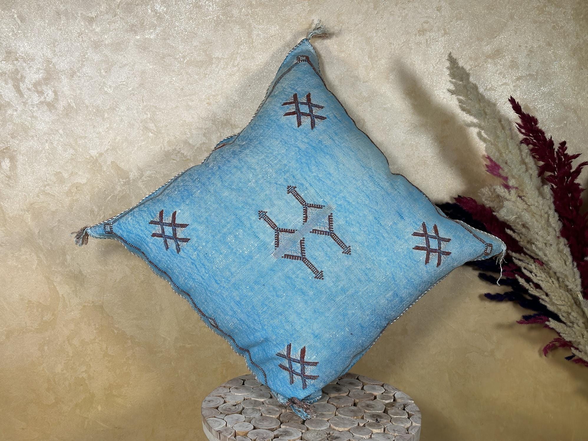 Blue Moroccan Silk Pillow Cover, Handmade Boho Embroidered Pillowcase, Brown Accent Cushion for Sofa Bed - product image 7