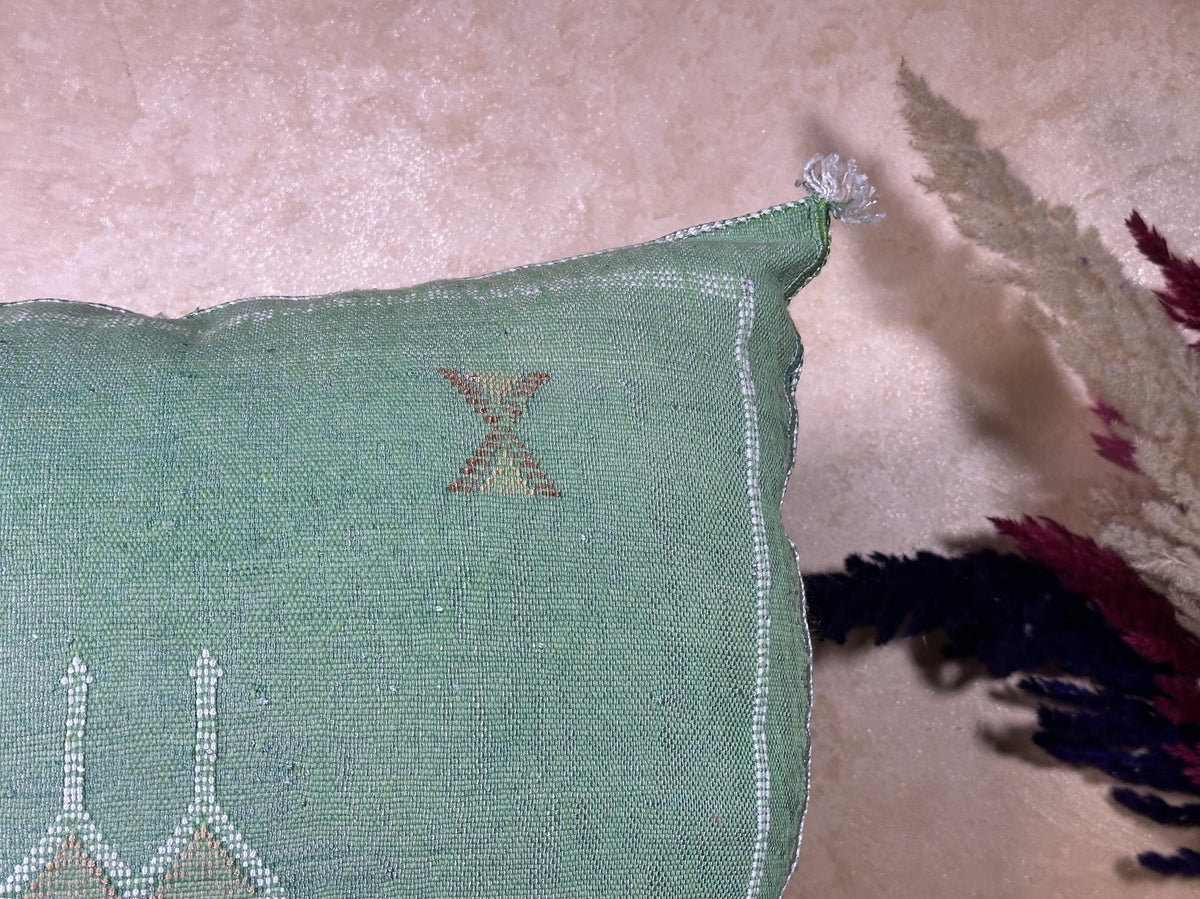 Sage Green Cactus Silk Pillow Cover, Moroccan Boho Cushion, Green and Gold Kilim Pillow, Handmade Luxury - product image 3
