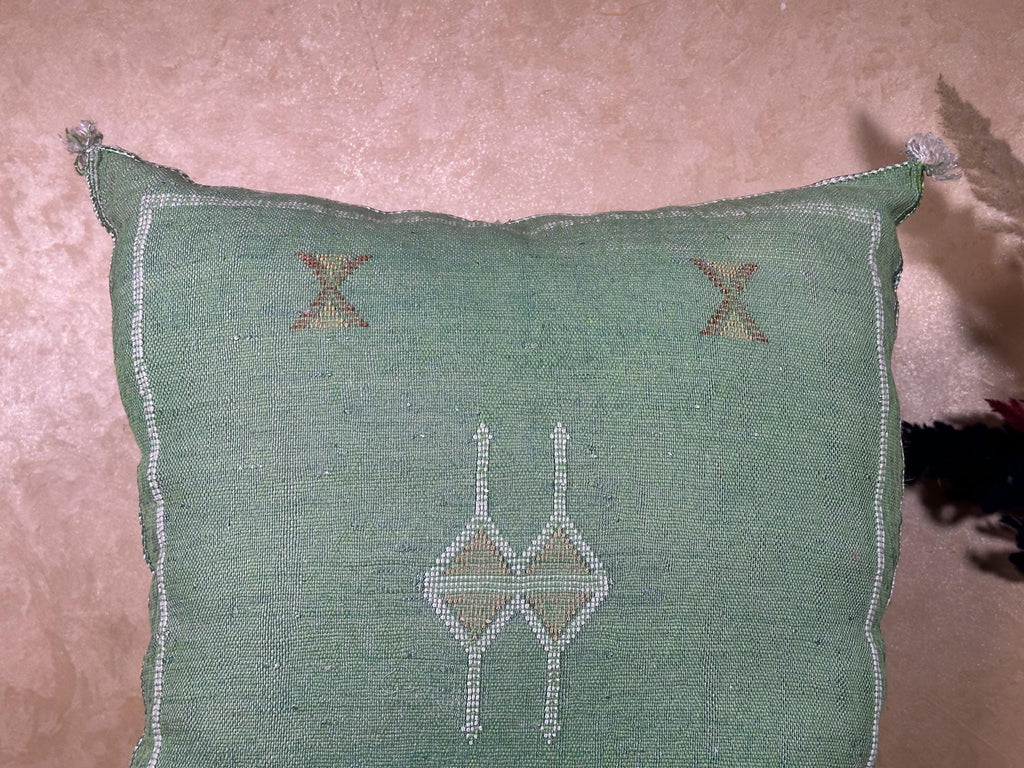 Sage Green Cactus Silk Pillow Cover, Moroccan Boho Cushion, Green and Gold Kilim Pillow, Handmade Luxury - product image 5