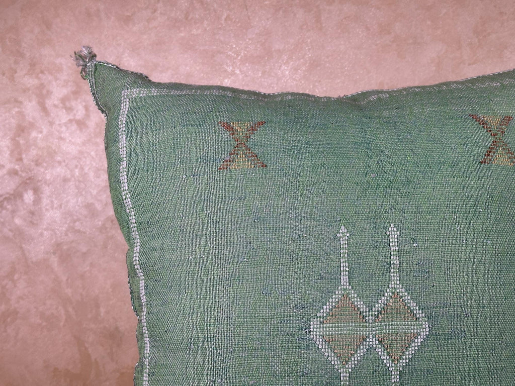 Sage Green Cactus Silk Pillow Cover, Moroccan Boho Cushion, Green and Gold Kilim Pillow, Handmade Luxury - product image 6