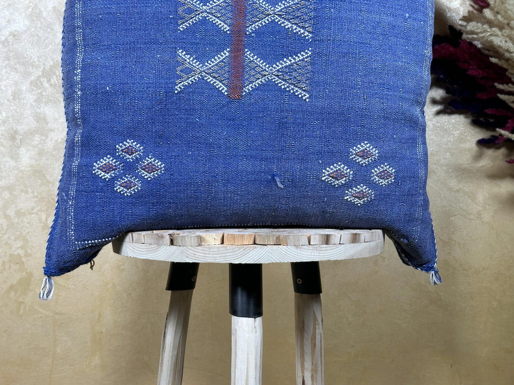 Blue Moroccan Silk Pillow Cover, Handmade Berber Boho Cushion, Kilim Geo Embroidered Pillowcase, Euro Sha - product image 3