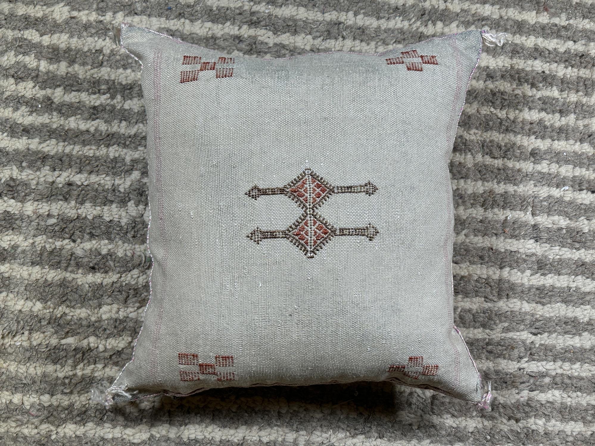 Silver Silk Pillow Cover, Handmade Moroccan Sabra Pillow Cover, Boho Berber Cushion Case With Embroidery - product image 9