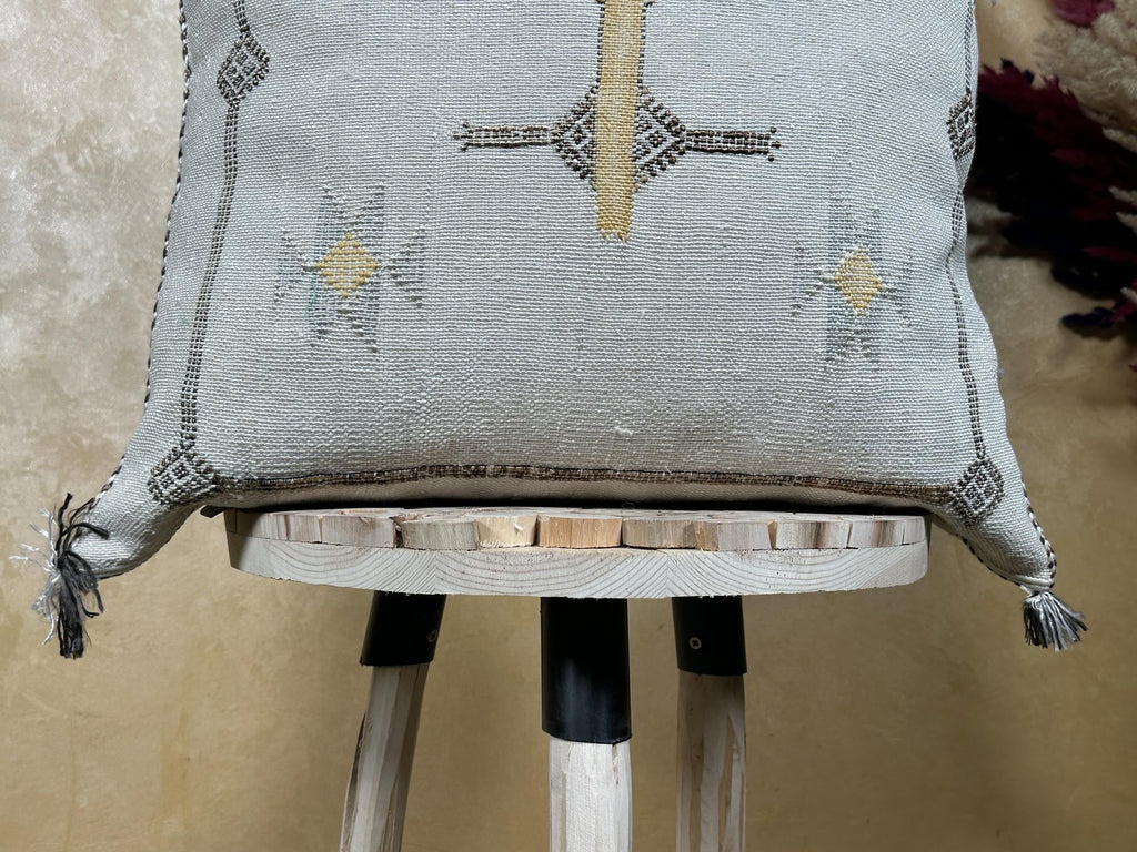 Silver Moroccan Cactus Silk Pillow Cover, Handmade Boho Cushion with Gold Embroidery, Luxury Kilim Style - product image 5