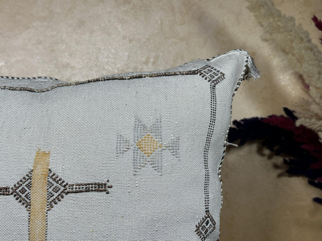 Silver Moroccan Cactus Silk Pillow Cover, Handmade Boho Cushion with Gold Embroidery, Luxury Kilim Style - product image 4