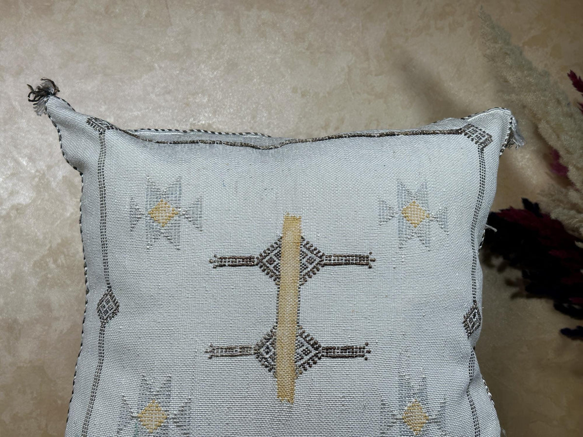 Silver Moroccan Cactus Silk Pillow Cover, Handmade Boho Cushion with Gold Embroidery, Luxury Kilim Style - product image 3