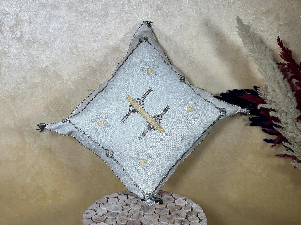Silver Moroccan Cactus Silk Pillow Cover, Handmade Boho Cushion with Gold Embroidery, Luxury Kilim Style - product image 9