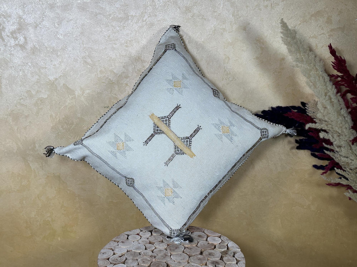 Silver Moroccan Cactus Silk Pillow Cover, Handmade Boho Cushion with Gold Embroidery, Luxury Kilim Style - product image 9