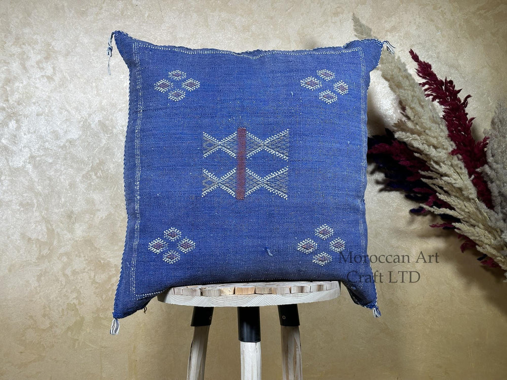 Blue Moroccan Silk Pillow Cover, Handmade Berber Boho Cushion, Kilim Geo Embroidered Pillowcase, Euro Sha - product image 1