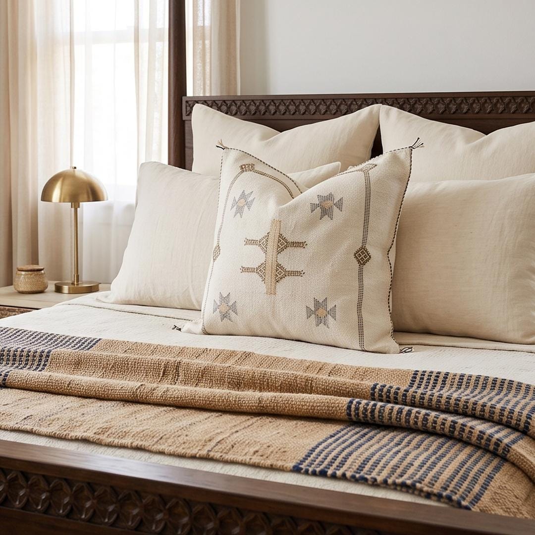 Moroccan Silk Pillow Cover, Handmade Boho Pillowcase, Ivory Beige Tribal Embroidery, Sofa Couch Accent, F - product image 5
