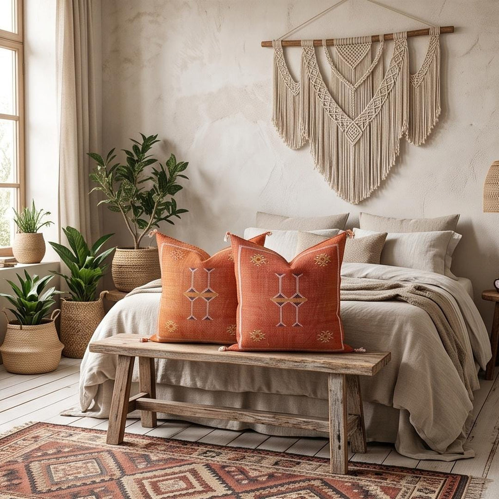 Rust Orange Silk Pillow Cover, Handmade Moroccan Boho Pillowcase, Tribal Embroidered Decor, Custom Floor - product image 3