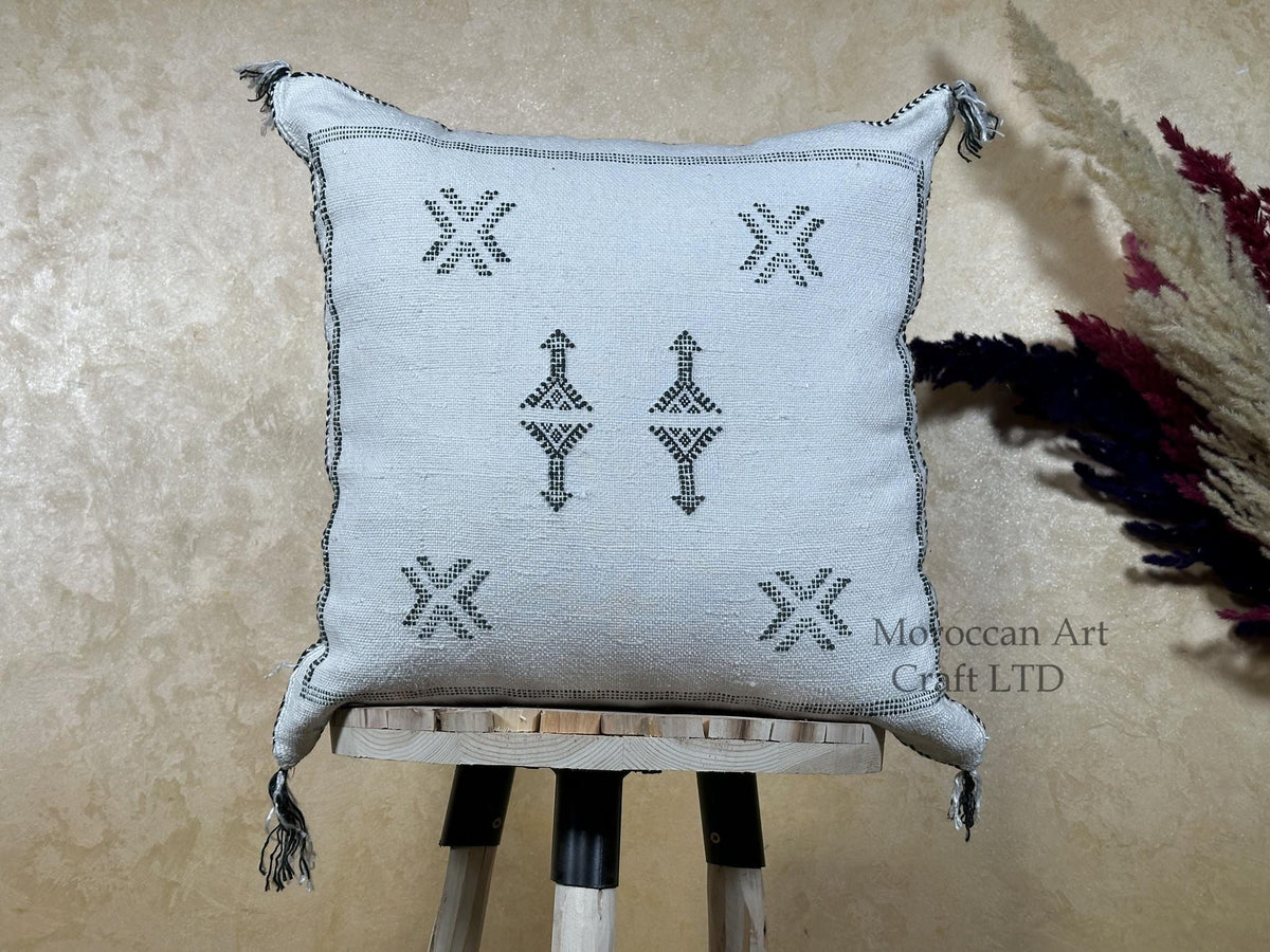 Gray Sabra Cactus Silk Pillow Cover, Handmade Moroccan Boho Textured Pillow, Aztec Cushion, Kilim Style D - product image 1