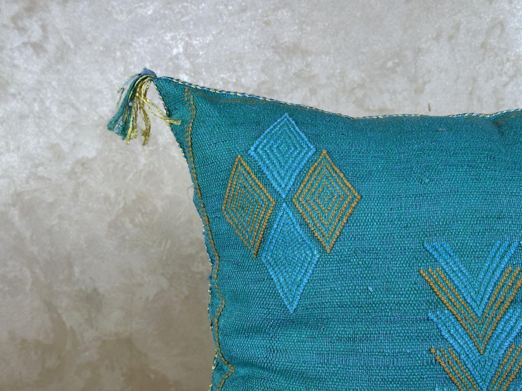 Turquoise Moroccan Cactus Silk Pillow Cover, Boho Woven Cushion Case with Gold Embroidery, Handmade Kilim - product image 4