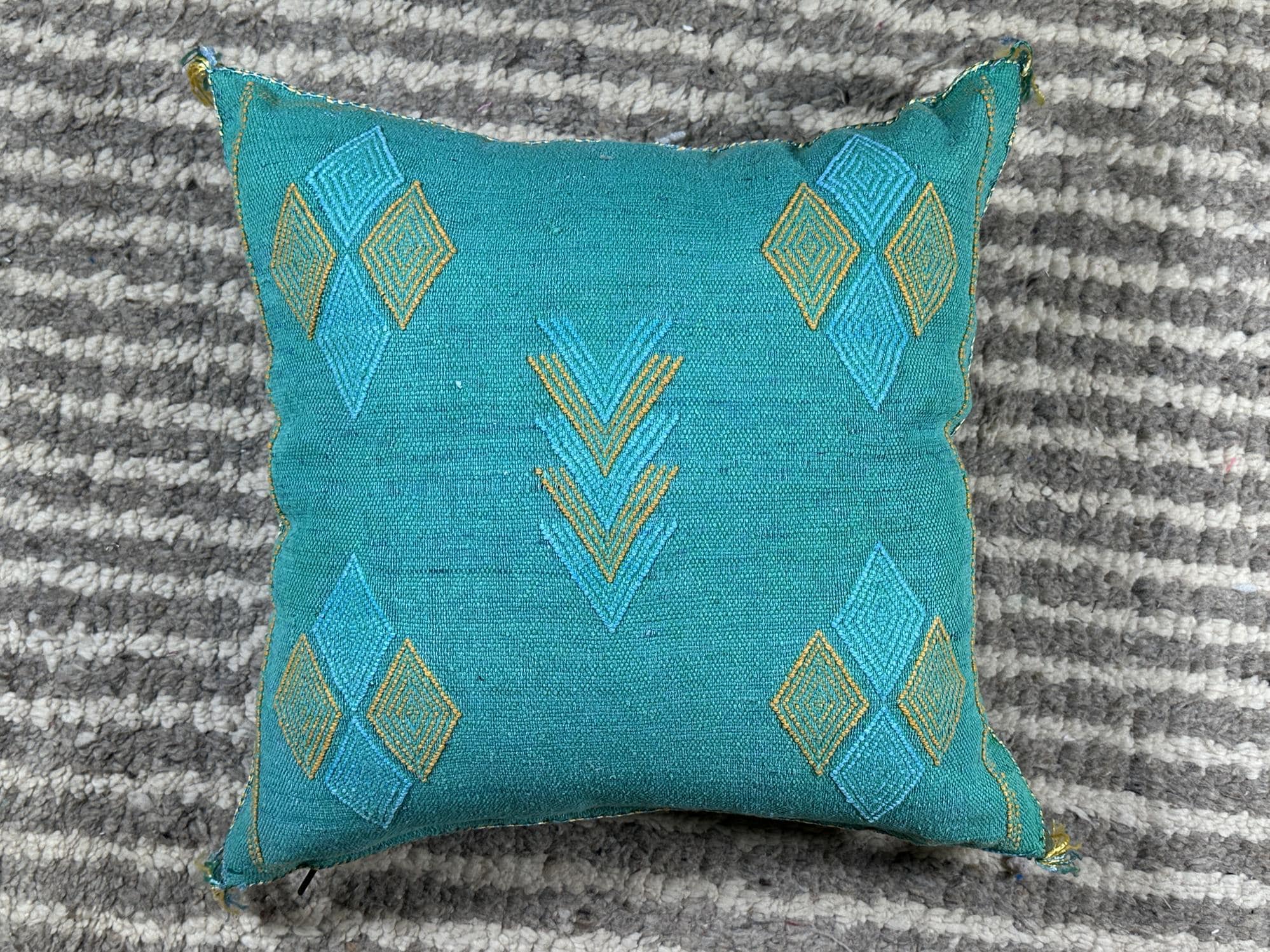 Turquoise Moroccan Cactus Silk Pillow Cover, Boho Woven Cushion Case with Gold Embroidery, Handmade Kilim - product image 9