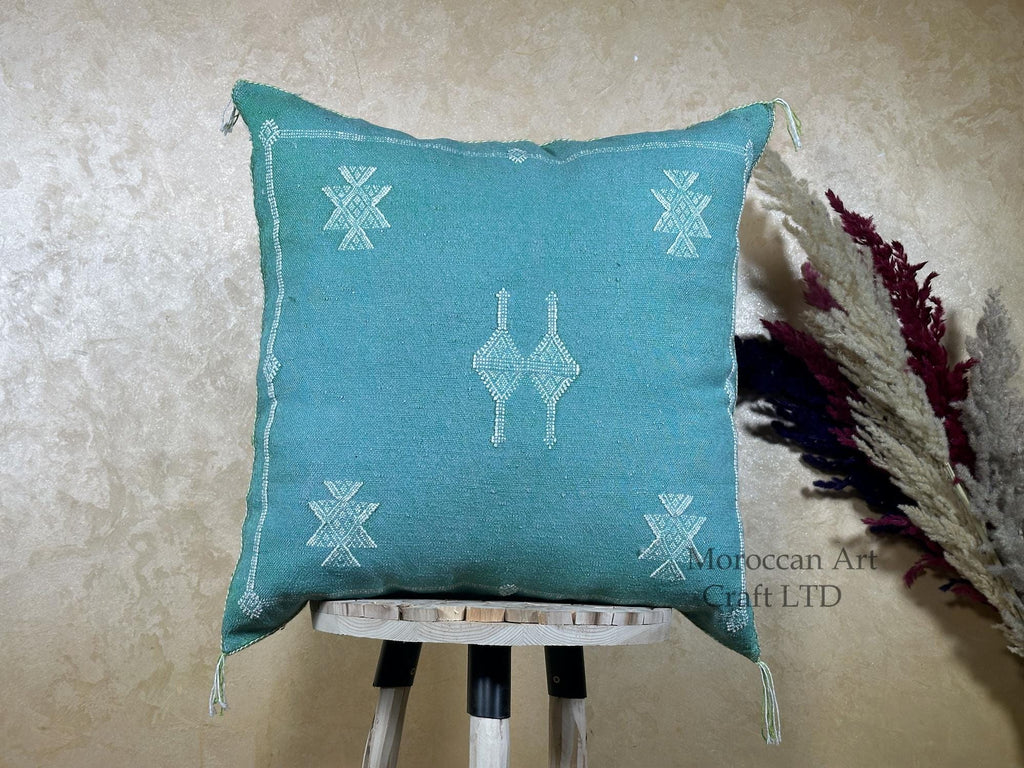 Teal Moroccan Pillow Cover, Handmade Berber Cushion, Woven Silk Cushion Cover, Boho Pillowcase, Luxury So - product image 1