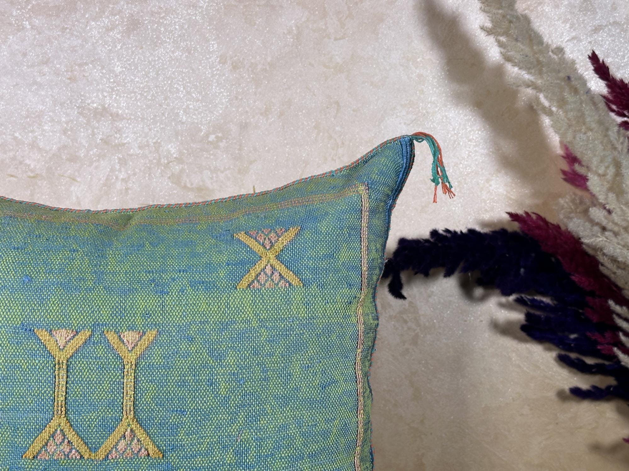Teal Green Moroccan Silk Pillow Cover, Gold Berber Kilim Embroidery, Boho Tassel Cushion, Handmade Luxury - product image 2
