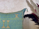 Teal Green Moroccan Silk Pillow Cover, Gold Berber Kilim Embroidery, Boho Tassel Cushion, Handmade Luxury - product image 2