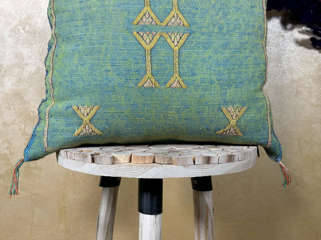 Teal Green Moroccan Silk Pillow Cover, Gold Berber Kilim Embroidery, Boho Tassel Cushion, Handmade Luxury - product image 6