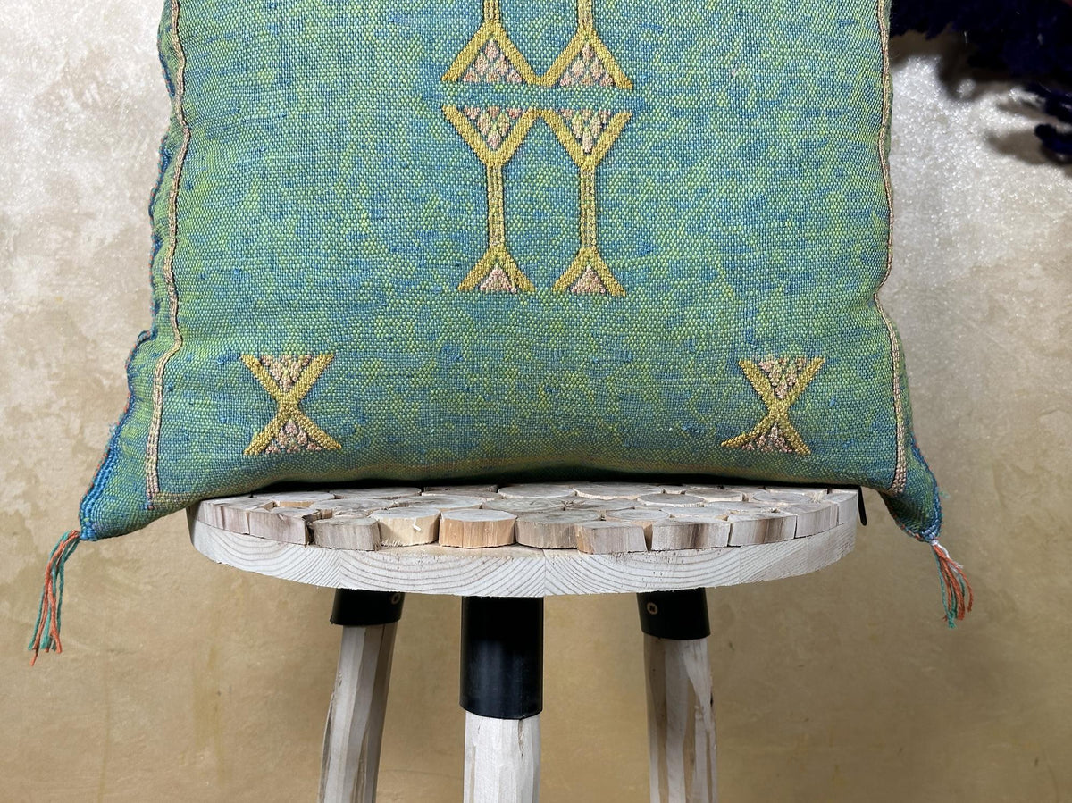 Teal Green Moroccan Silk Pillow Cover, Gold Berber Kilim Embroidery, Boho Tassel Cushion, Handmade Luxury - product image 6