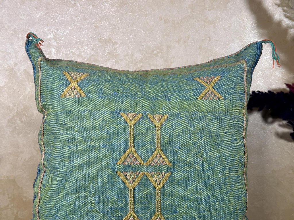 Teal Green Moroccan Silk Pillow Cover, Gold Berber Kilim Embroidery, Boho Tassel Cushion, Handmade Luxury - product image 4