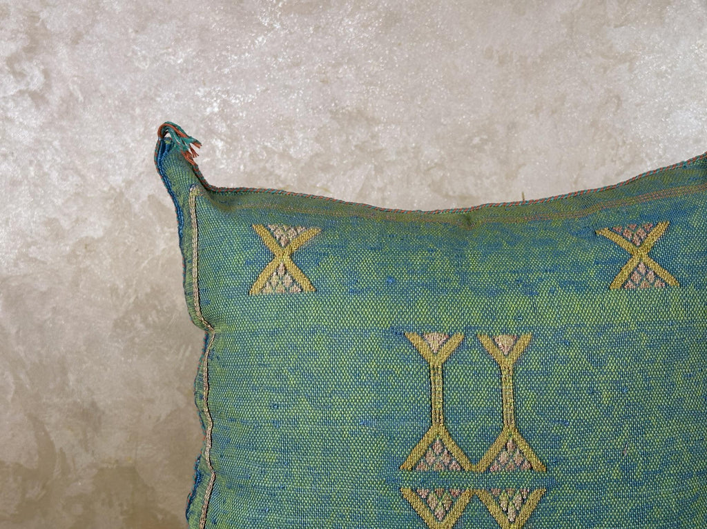 Teal Green Moroccan Silk Pillow Cover, Gold Berber Kilim Embroidery, Boho Tassel Cushion, Handmade Luxury - product image 7