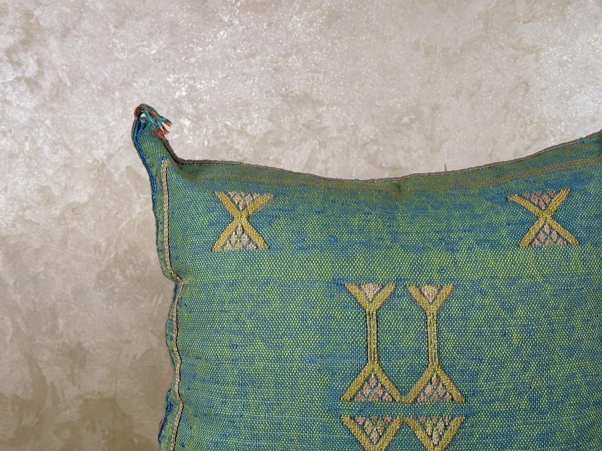 Teal Green Moroccan Silk Pillow Cover, Gold Berber Kilim Embroidery, Boho Tassel Cushion, Handmade Luxury - product image 7