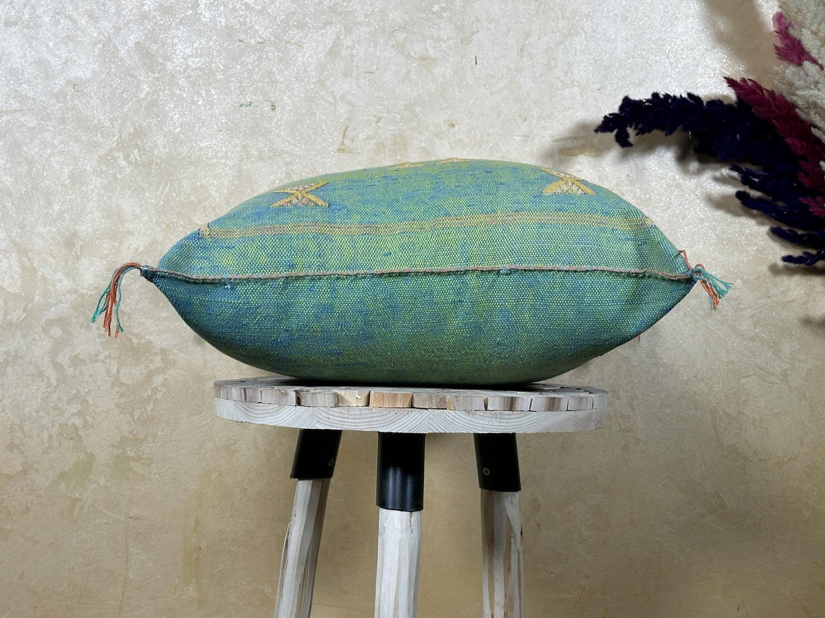 Teal Green Moroccan Silk Pillow Cover, Gold Berber Kilim Embroidery, Boho Tassel Cushion, Handmade Luxury - product image 8