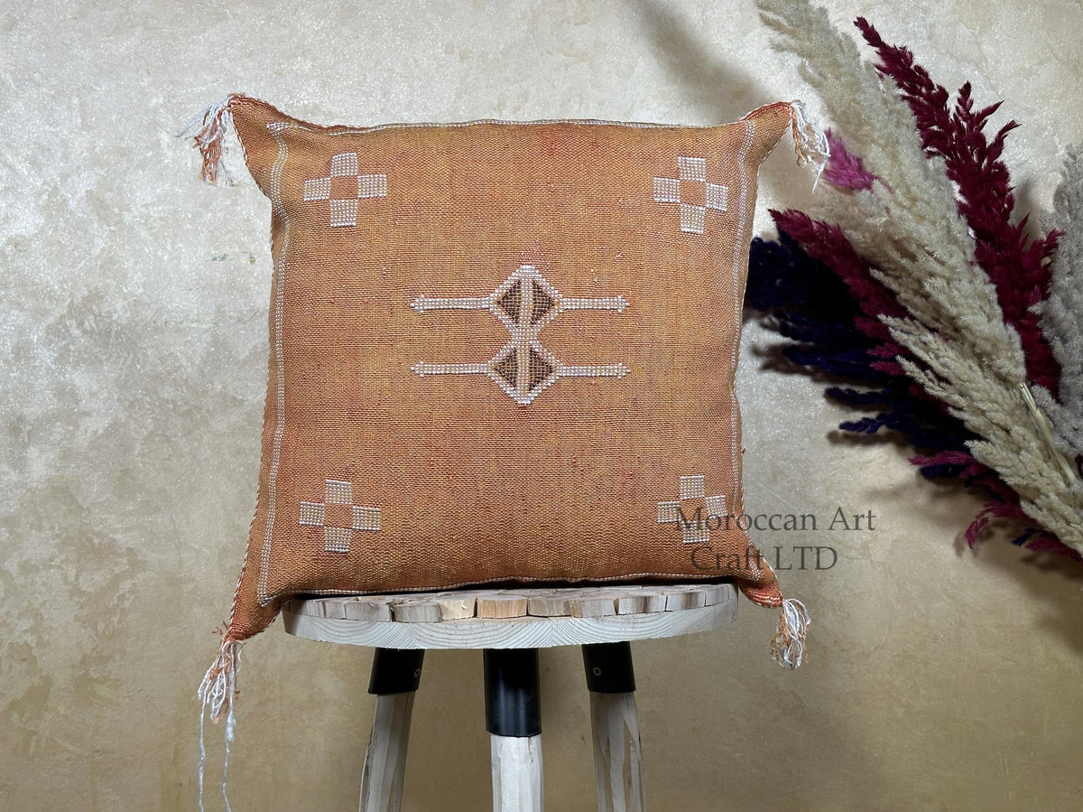 Caramel Moroccan Sabra Silk Pillow Cover, Boho Cushion Cover With Ivory Woven Design, Handmade Luxury Pil - product image 1