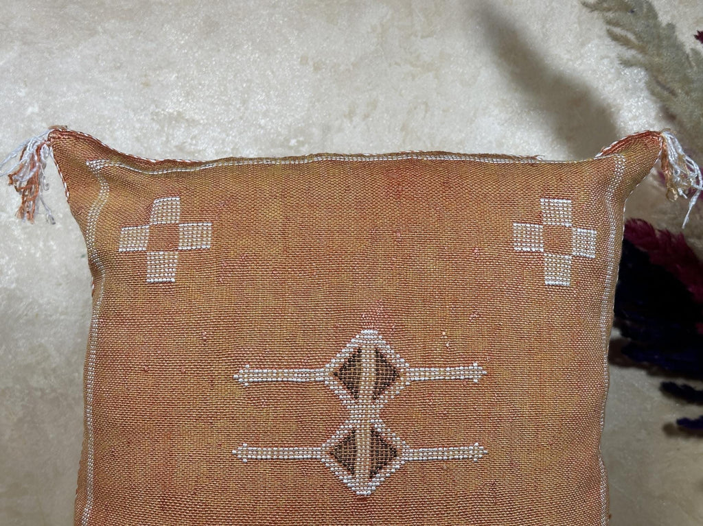Caramel Moroccan Sabra Silk Pillow Cover, Boho Cushion Cover With Ivory Woven Design, Handmade Luxury Pil - product image 5