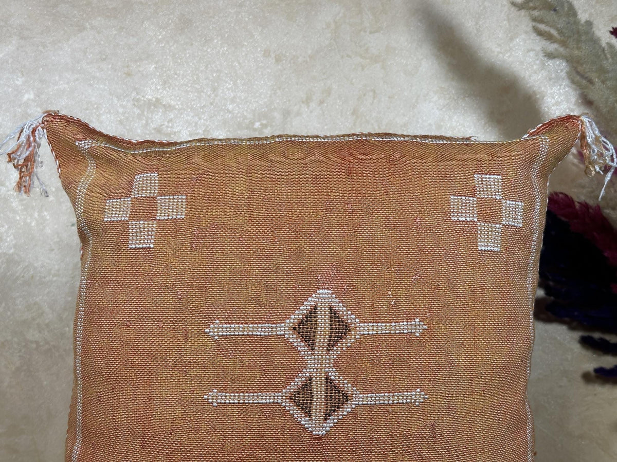 Caramel Moroccan Sabra Silk Pillow Cover, Boho Cushion Cover With Ivory Woven Design, Handmade Luxury Pil - product image 5