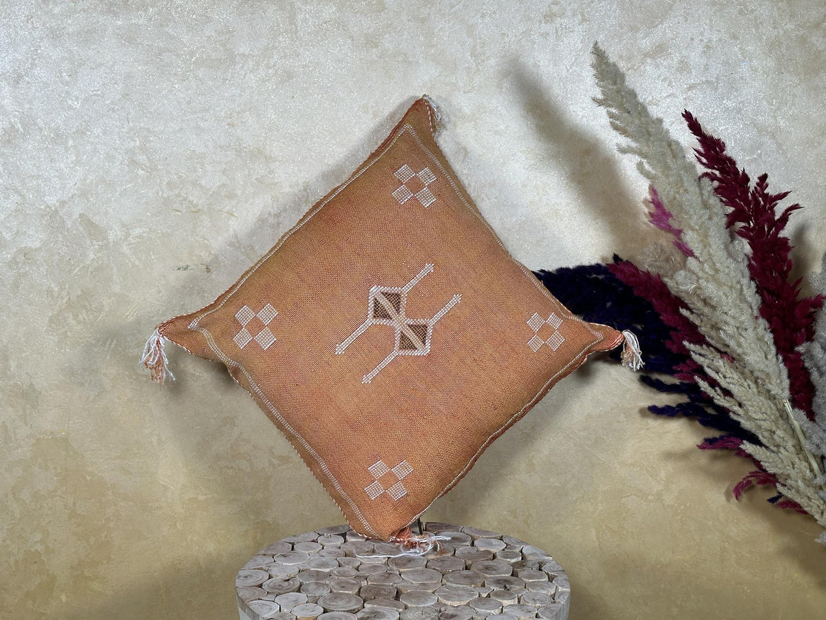 Caramel Moroccan Sabra Silk Pillow Cover, Boho Cushion Cover With Ivory Woven Design, Handmade Luxury Pil - product image 7