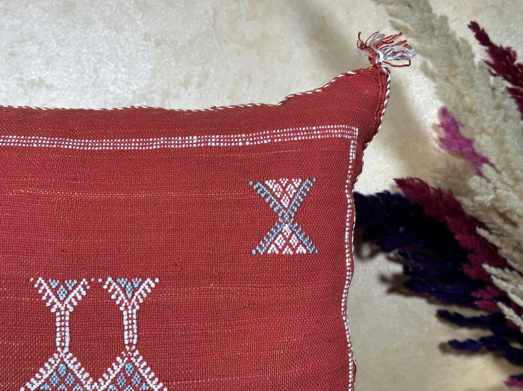Rust Moroccan Cactus Silk Pillow Cover, Handmade Sabra Boho Cushion, Terracotta Geometric Embroidered Pil - product image 3