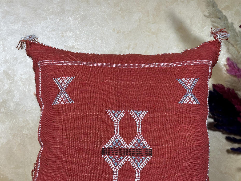 Rust Moroccan Cactus Silk Pillow Cover, Handmade Sabra Boho Cushion, Terracotta Geometric Embroidered Pil - product image 5