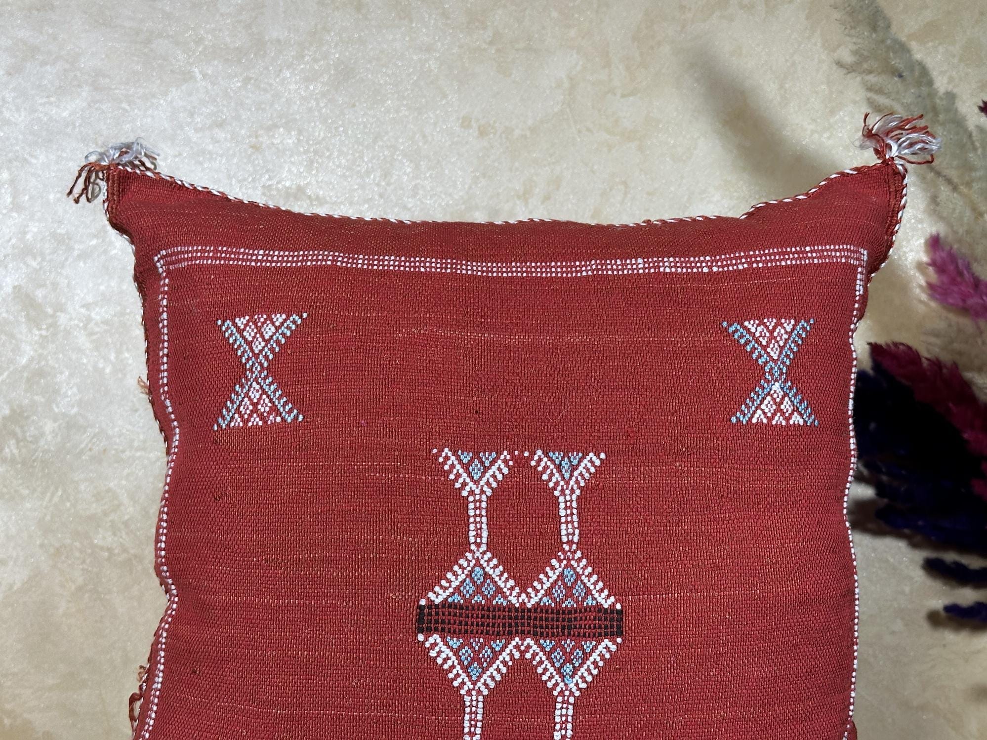Rust Moroccan Cactus Silk Pillow Cover, Handmade Sabra Boho Cushion, Terracotta Geometric Embroidered Pil - product image 5