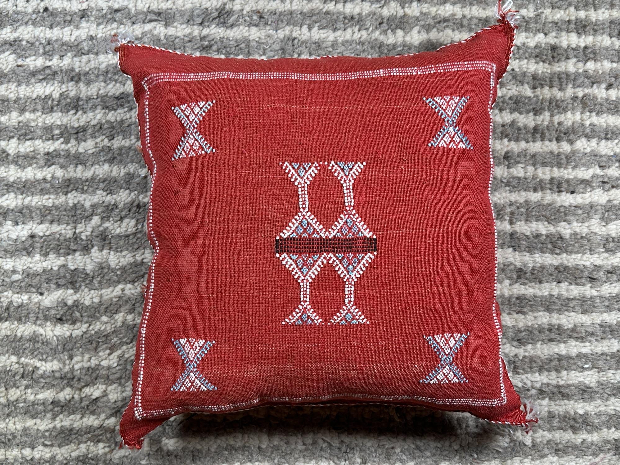 Rust Moroccan Cactus Silk Pillow Cover, Handmade Sabra Boho Cushion, Terracotta Geometric Embroidered Pil - product image 9