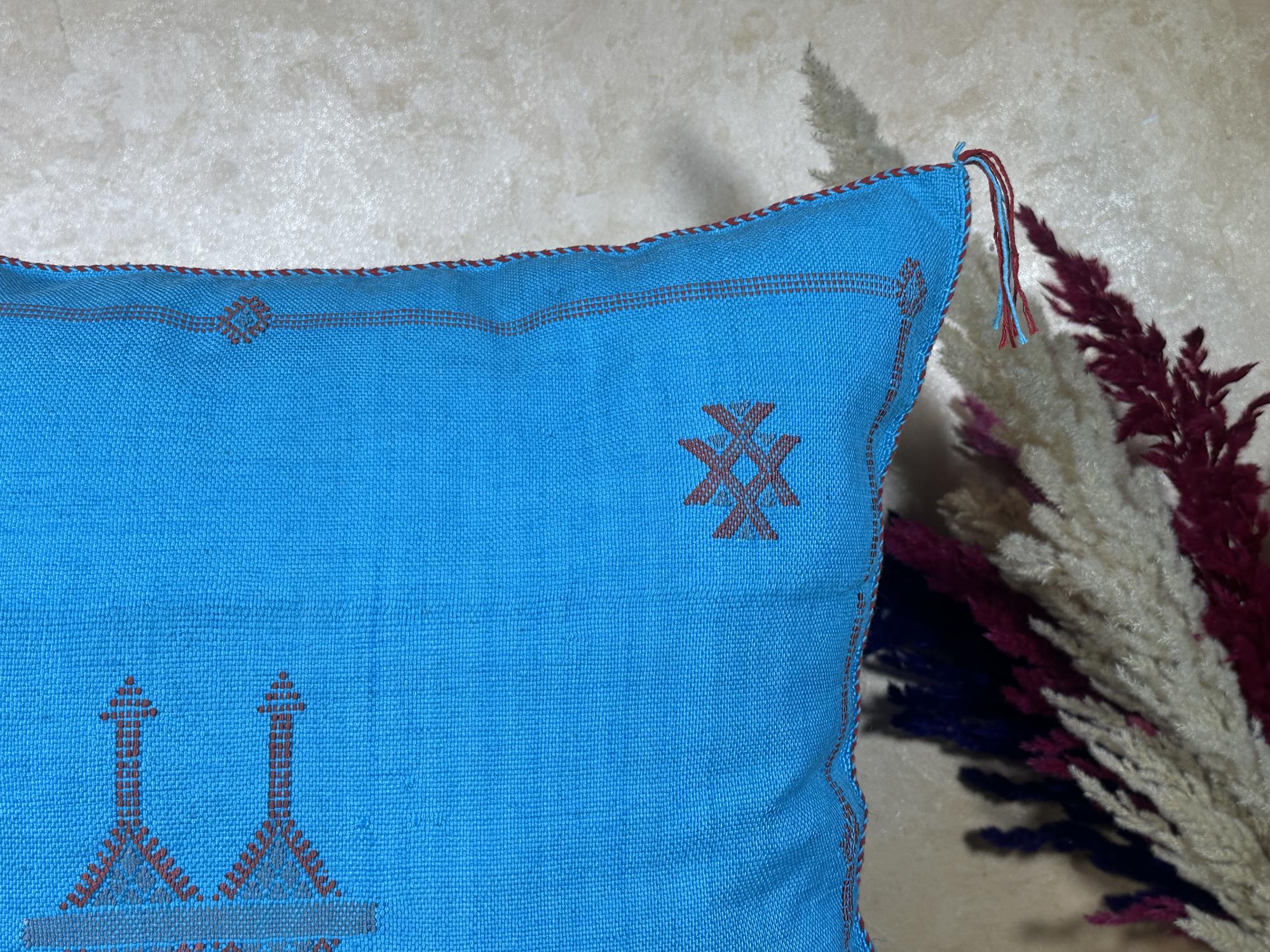 Blue Moroccan Pillow Cover, Handmade Boho Cushion, Kilim Inspired Pillowcase With Geometric Embroidery & - product image 4