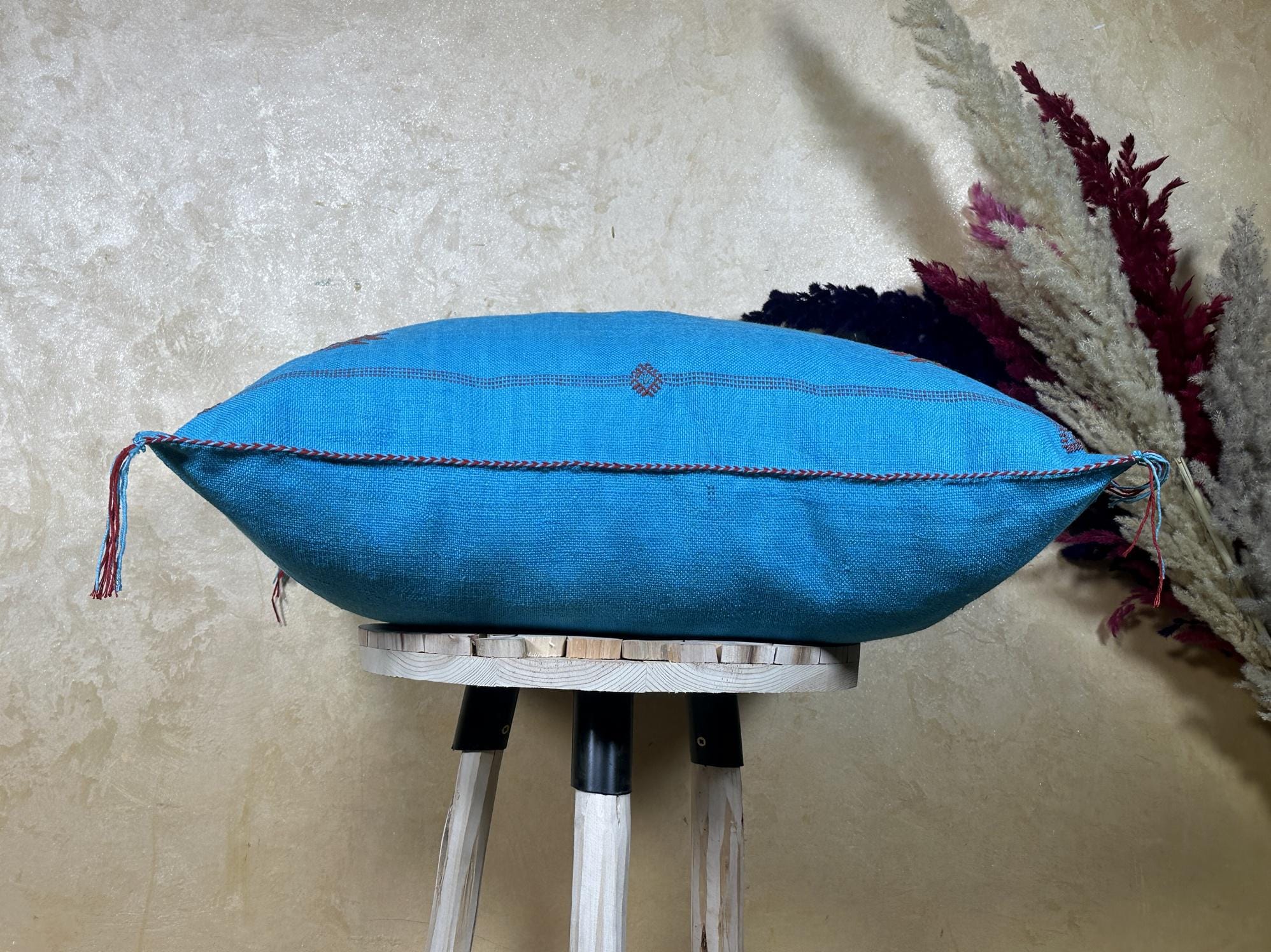 Blue Moroccan Pillow Cover, Handmade Boho Cushion, Kilim Inspired Pillowcase With Geometric Embroidery & - product image 3