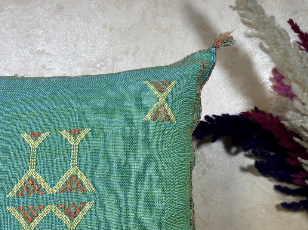 Teal Cactus Silk Pillow Cover, Moroccan Kilim Boho Cushion, Handmade Sabra Textured Pillow, Gift For Sofa - product image 4